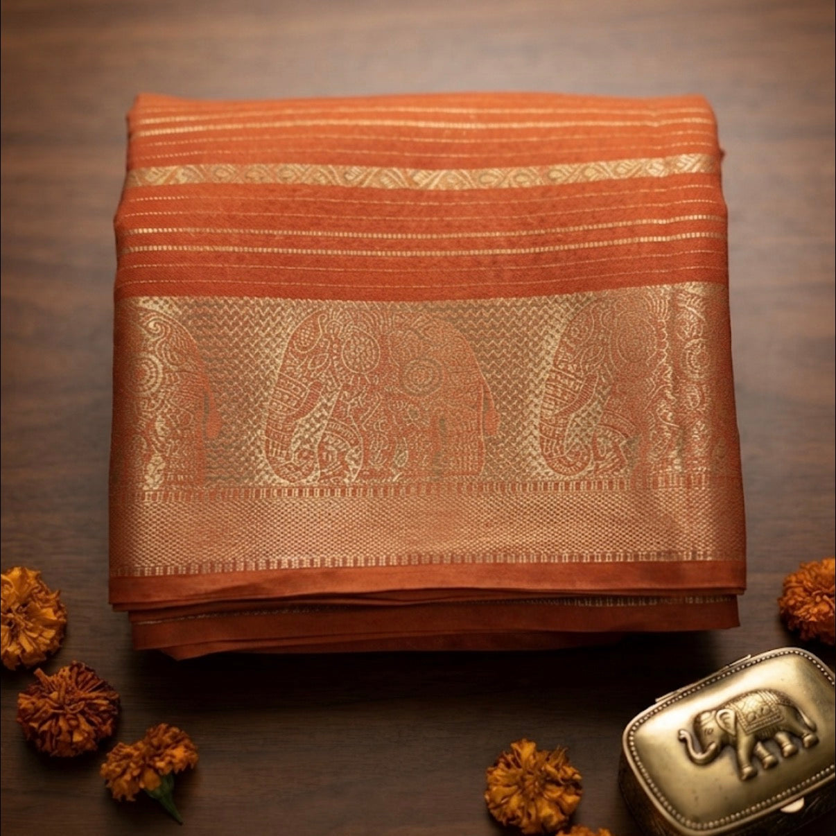 Mysore Crepe Silk Elephant Border (Orange) - V1S033