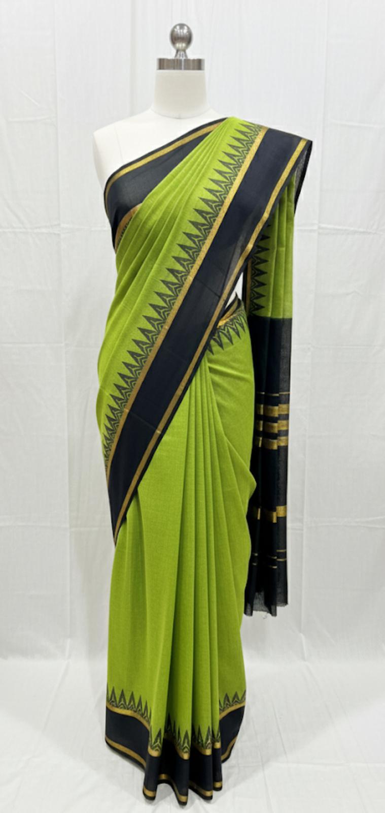 Kanchi Cotton Green and Black without blouse