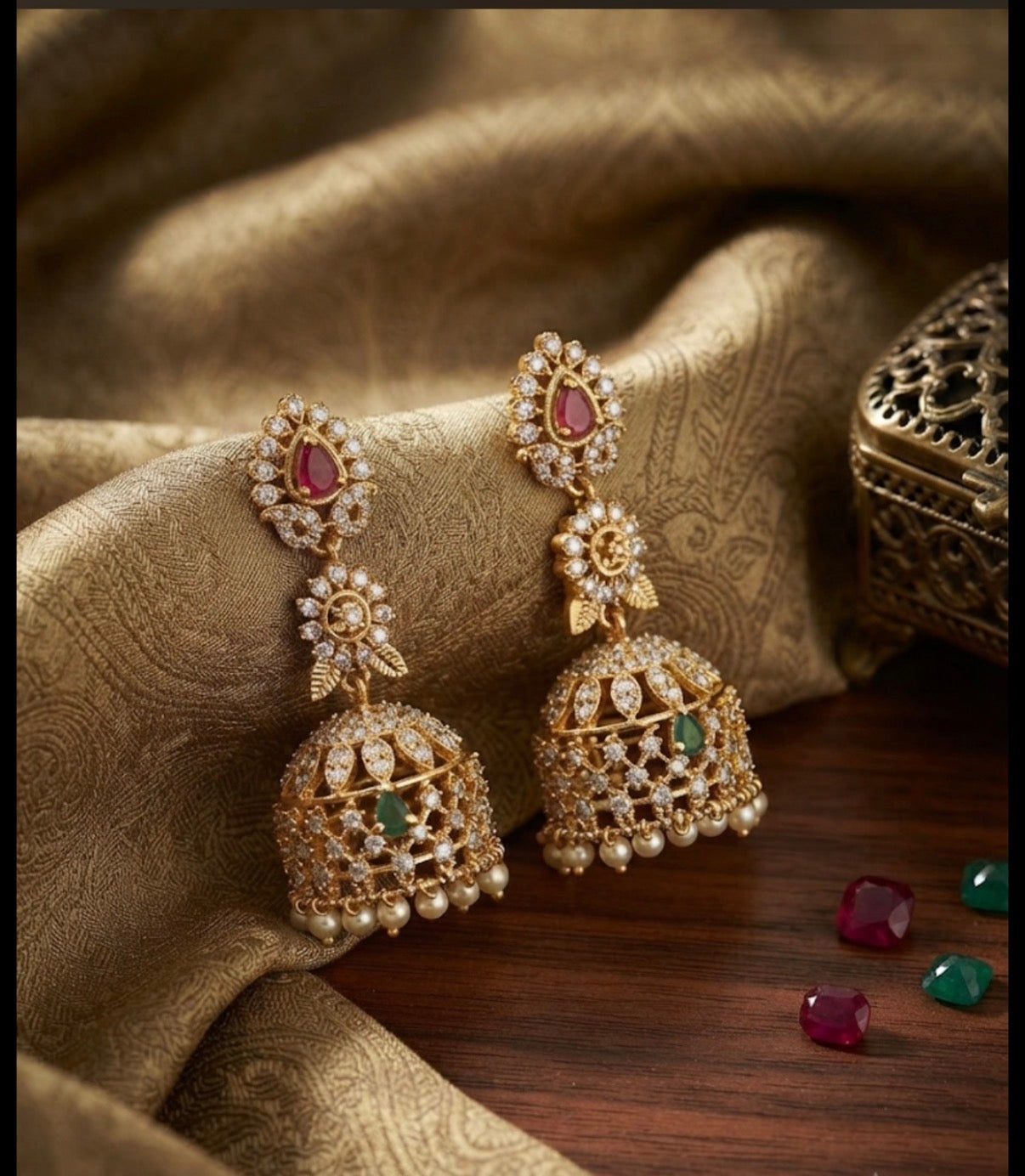 Gold Toned Stone Earrings (Green and Pink)