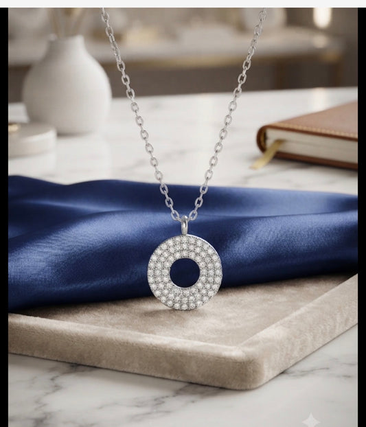Simple Silver Chain with white stone round pendant
