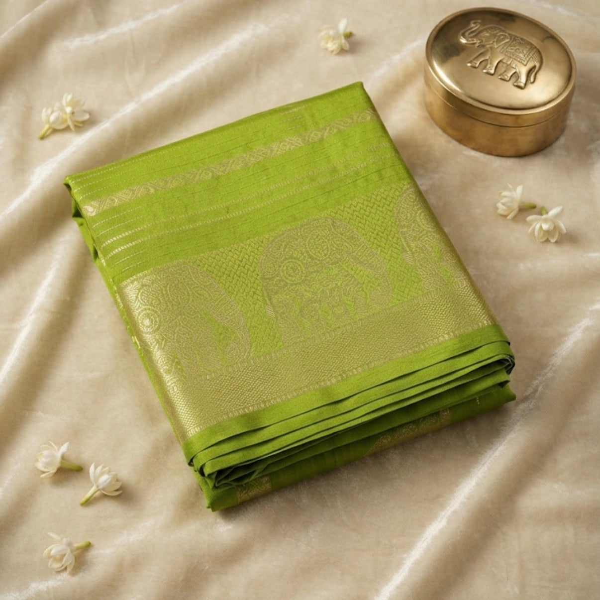 Mysore Crepe Silk Elephant Border (Green) - V1S032