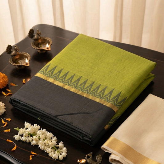 Kanchi Cotton Green and Black without blouse