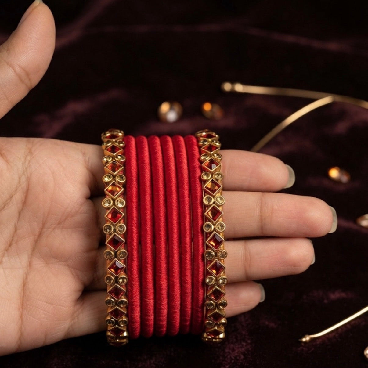 Two Border Bangles  + Six  Thread Bangles (Red)