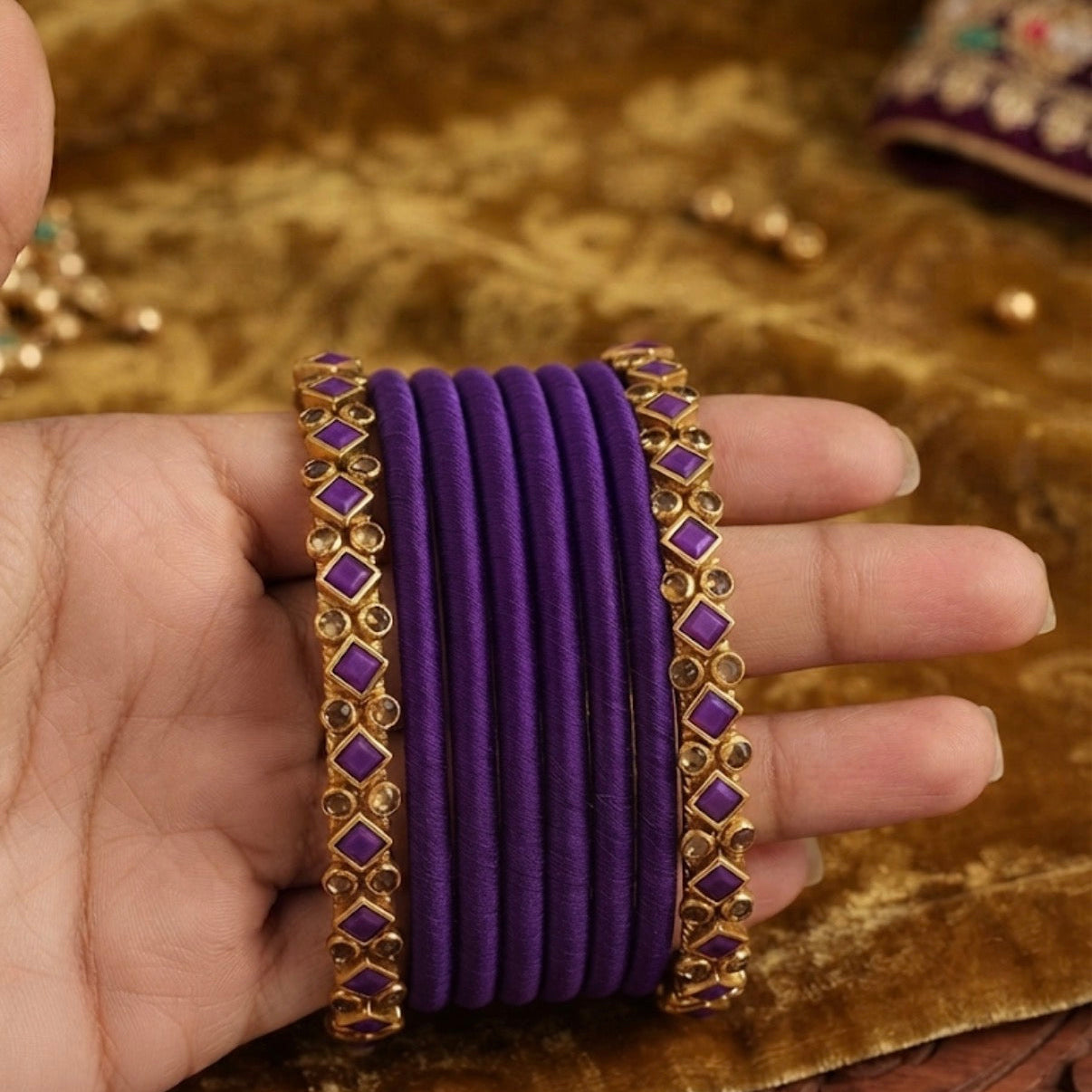 Two Border Bangles  + Six  Thread Bangles (Purple)