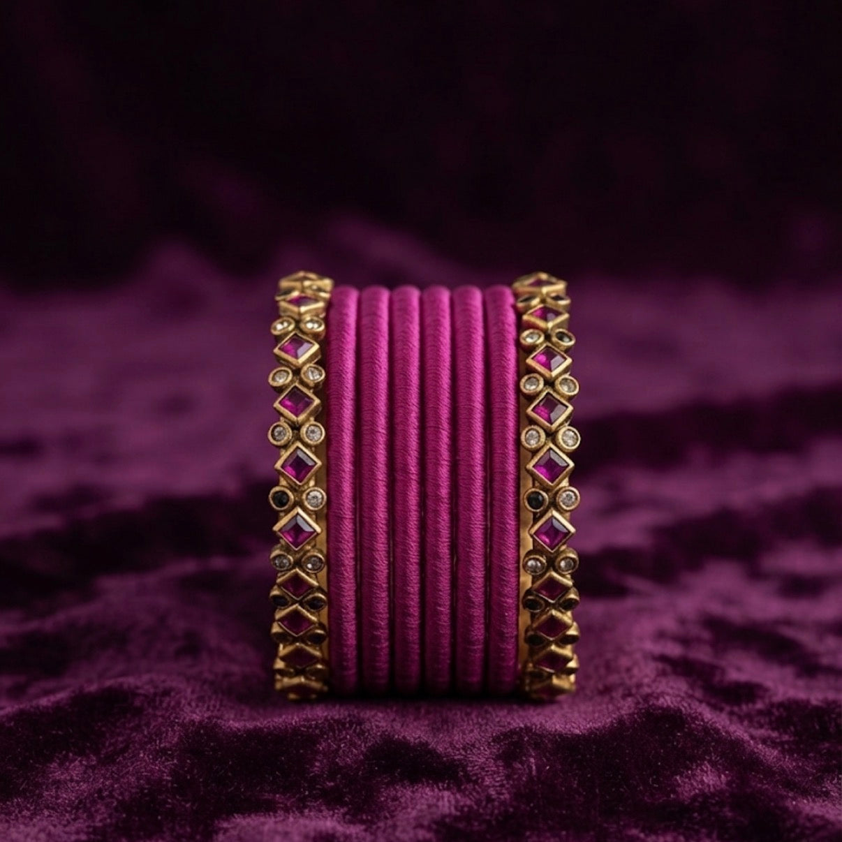 Two Border Bangles  + Six  Thread Bangles (Pink)