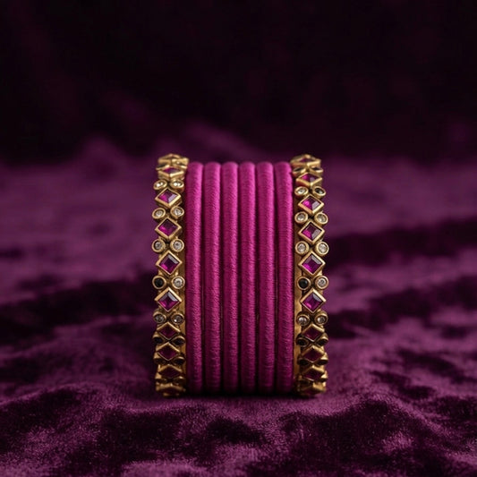 Two Border Bangles  + Six  Thread Bangles (Pink)