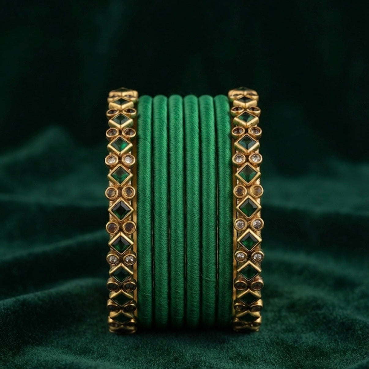 Two Border Bangles  + Six  Thread Bangles (Green)