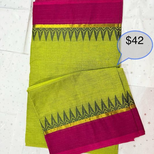Green Kanchi Cotton saree with pink border on a white background