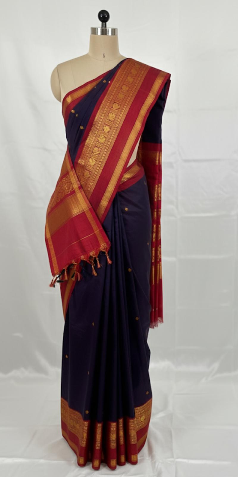 Premium Chettinad Cotton with Blouse (Dark Blue)